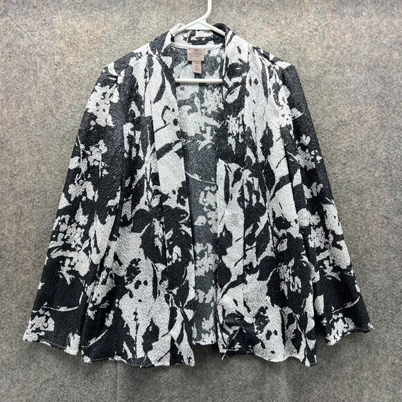 Chico's Sweater Womens 1 Black White Easywear Polyester Textured Floral Cardigan - Picture 1 of 12